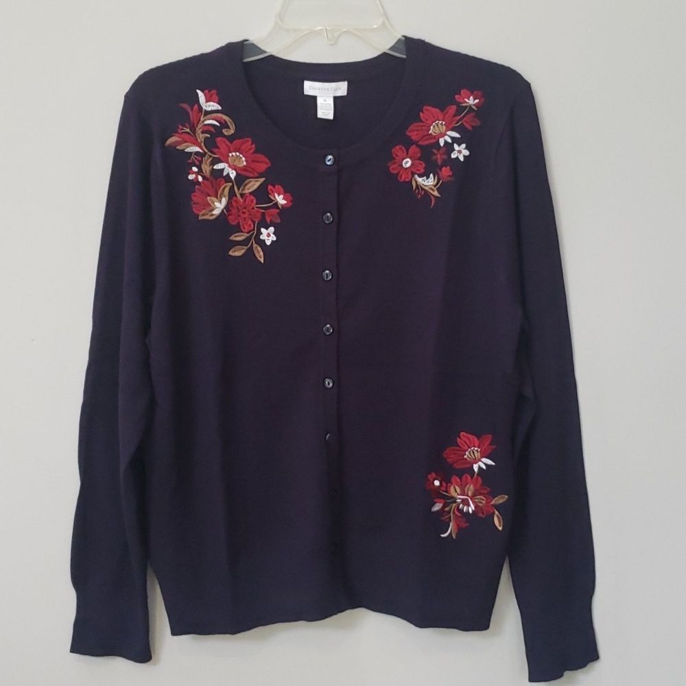 Charter Club Cardigan Sweater Womens XL Floral Embroidered Navy Office Travel
